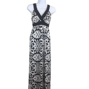 Polynesian Black and White Summer Maxi Dress W Cross-Over Shoulder Straps Size L